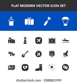 Modern, simple vector icon set with airport, beacon, technology, wax, entertainment, kitchen, air, hot, cooking, television, holiday, balloon, package, space, cargo, orbit, plane, home, spoon icons