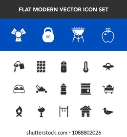 Modern, simple vector icon set with water, sign, gardening, bedroom, fruit, healthy, vehicle, cold, spaceship, bbq, thermometer, grass, sweet, grill, cooking, barbecue, bottle, double, auto, bed icons