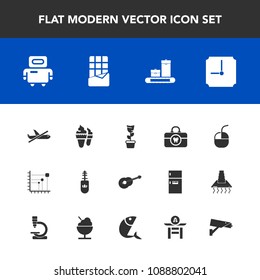 Modern, simple vector icon set with computer, futuristic, cyborg, ice, green, device, makeup, room, travel, clean, safety, chocolate, hygiene, flight, black, bar, time, security, technology, pot icons