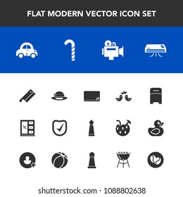 Modern, simple vector icon set with film, automobile, sweet, animal, chess, bird, coffee, king, game, candy, interior, conditioner, pigeon, lollipop, camera, check, transport, home, conditioning icons