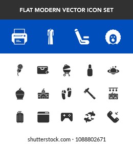 Modern, simple vector icon set with holiday, cone, scary, pie, sign, karaoke, add, sweet, dessert, technology, planet, printer, mic, barbecue, globe, nature, bag, ball, grill, footwear, meat icons