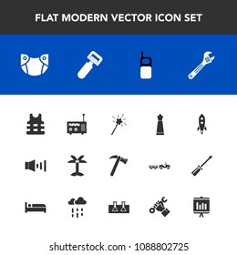 Modern, simple vector icon set with game, report, piece, magic, safety, summer, baby, infant, jacket, technology, volume, telephone, communication, potato, care, mobile, spanner, speaker, rocket icons