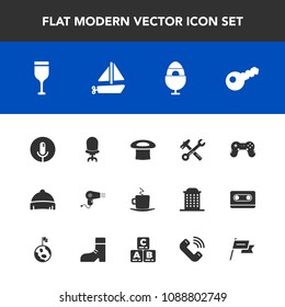 Modern, simple vector icon set with red, voice, equipment, tool, cup, boat, nation, key, toy, glass, hat, style, headwear, comfortable, record, interior, armchair, fashion, game, ship, alcohol icons