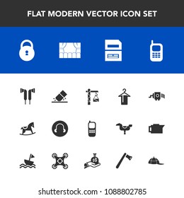 Modern, simple vector icon set with education, lock, rubber, audio, data, computer, communication, hammer, eraser, cooking, construction, hanger, save, grater, screwdriver, white, baby, horse icons