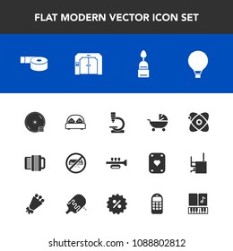 Modern, simple vector icon set with science, cosmos, adhesive, cake, office, pram, baby, sign, bed, musical, accordion, sound, microscope, conditioner, astronomy, star, double, doughnut, air, cd icons