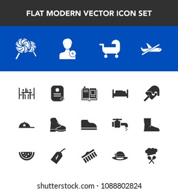 Modern, simple vector icon set with education, boot, chief, identity, lollipop, travel, clothing, cap, shape, furniture, coffee, double, collection, restaurant, candy, textbook, library, cream icons
