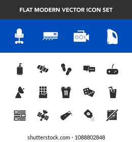 Modern, simple vector icon set with business, office, video, orbit, camera, equipment, talk, space, sport, health, dont, baby, dessert, basketball, game, speech, film, planet, antenna, air, food icons