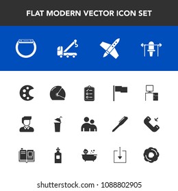 Modern, simple vector icon set with fitness, watch, vehicle, human, check, rocket, cup, list, motorbike, mark, accident, time, dessert, car, truck, beverage, technology, flag, tow, rider, drink icons