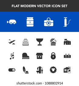 Modern, simple vector icon set with clothes, travel, food, chef, plane, airplane, sign, fitness, hygiene, sport, clothing, flight, departure, housework, note, fashion, house, restaurant, care icons