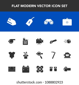 Modern, simple vector icon set with laptop, referee, modern, medical, football, discount, photography, binocular, tag, whistle, game, magic, research, sale, cooking, ball, photographer, clothes icons