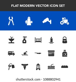 Modern, simple vector icon set with chemical, cradle, light, buoy, candle, reparation, water, life, help, sign, security, fountain, bag, decoration, tractor, flame, surveillance, agriculture icons