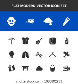 Modern, simple vector icon set with jacket, service, work, new, restaurant, abstract, cut, camp, waiter, wagasa, shirt, travel, idea, outdoor, fiction, japan, grunge, tent, clothing, adventure icons