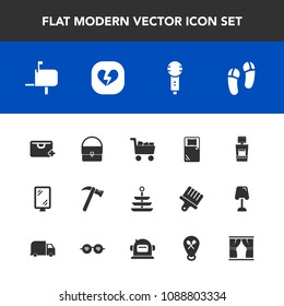 Modern, simple vector icon set with commerce, curtain, cart, love, scan, bag, equipment, restaurant, karaoke, song, hammer, plate, sign, spanner, post, tool, add, street, microphone, banner, bed icons