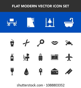 Modern, simple vector icon set with airport, research, hot, gardening, file, lips, cup, lawn, laboratory, spray, baggage, paint, equipment, office, sign, infant, table, paper, garden, drink, bag icons