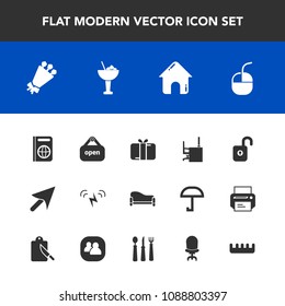 Modern, simple vector icon set with home, real, gift, ecology, store, present, computer, document, sign, work, interior, energy, device, sofa, bouquet, cursor, immigration, internet, open, shop icons