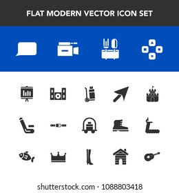 Modern, simple vector icon set with cricket, cursor, play, camera, bellboy, home, background, truck, cinema, report, sign, competition, bubble, shipping, hotel, television, business, game, talk icons