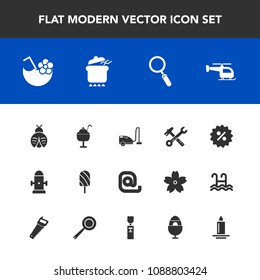 Modern, simple vector icon set with department, summer, decoration, butterfly, hammer, flame, meal, fly, drink, zoom, glass, bug, transport, cream, hydrant, sign, tool, percent, sweet, domestic icons