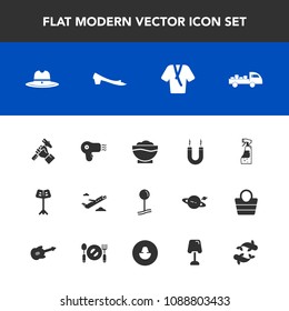 Modern, simple vector icon set with drop, airplane, cowboy, bottle, fashion, hat, spray, delivery, energy, sheriff, restaurant, sign, builder, truck, chef, home, hairdryer, musical, west, dryer icons