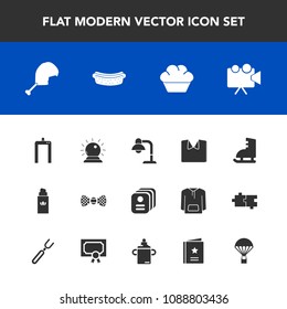Modern, simple vector icon set with chicken, parachute, magic, interior, cake, identity, equipment, food, sweet, hotdog, fashion, xray, perfume, business, projector, sorcery, video, clothing, id icons
