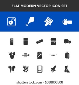 Modern, simple vector icon set with brush, pepper, household, reminder, delivery, fun, sand, sound, pill, toy, service, photographer, medicine, paint, white, plastic, photo, salt, kite, honey icons