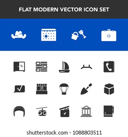 Modern, simple vector icon set with notepad, clothing, news, pull, calendar, cap, timetable, emergency, wind, day, bank, schedule, home, newspaper, cabinet, bucket, communication, hot, market icons