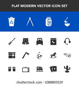 Modern, simple vector icon set with tool, sound, wear, phone, glass, present, work, instrument, white, jam, science, fashion, astronaut, waste, repair, equipment, recycle, book, engineering, car icons