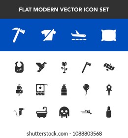 Modern, simple vector icon set with infant, equipment, wrench, spring, white, nature, clothing, space, spanner, dessert, station, paint, hammer, pillow, art, toy, airport, soft, bed, well, paper icons