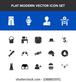 Modern, simple vector icon set with work, drink, female, fashion, dollar, lollipop, currency, culture, business, glass, house, alcohol, baseball, jacket, office, woman, league, painter, usd, hat icons