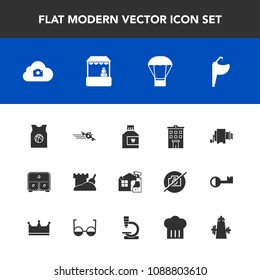 Modern, simple vector icon set with bathroom, cleaner, travel, spray, food, water, chief, house, faucet, mouth, drawer, housework, object, tower, photo, sand, store, sport, plane, shop, balloon icons