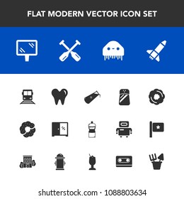 Modern, simple vector icon set with sweet, boat, street, doughnut, travel, furniture, science, banner, launch, home, background, canoe, ufo, cake, space, water, seasoning, dessert, equipment icons