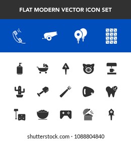 Modern, simple vector icon set with nature, coffee, kitchen, sweet, phone, cactus, desert, clean, communication, plant, swine, dinner, stroller, celebration, soap, equipment, pig, bar, tool, gun icons