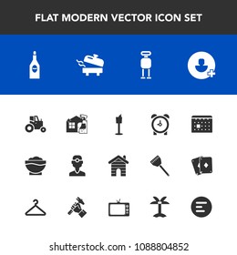 Modern, simple vector icon set with time, building, dentistry, chef, field, robot, house, clock, dental, add, tractor, schedule, spray, technology, cleaner, boiler, timetable, bottle, cyborg icons