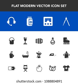 Modern, simple vector icon set with communication, paint, jar, first, achievement, food, hot, glass, interior, instrument, laboratory, house, toilet, tool, alcohol, technology, sport, color icons