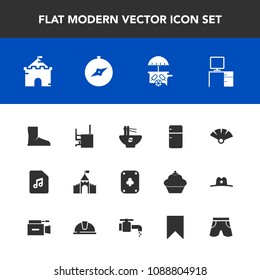 Modern, simple vector icon set with tower, play, white, map, bookmark, japanese, fan, shorts, poker, fashion, ice, refrigerator, building, traditional, castle, boot, food, north, sound, chinese icons