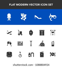 Modern, simple vector icon set with interior, layout, package, technology, armchair, wine, business, hot, home, travel, alcohol, bonfire, delivery, blossom, spring, mask, glass, sport, airplane icons
