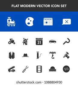 Modern, simple vector icon set with closed, power, dessert, agriculture, substitute, calendar, hat, field, agricultural, change, timetable, harvesting, sign, wind, mill, farm, left, sweet, toy icons