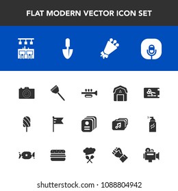 Modern, simple vector icon set with radio, handle, flag, work, camera, shovel, natural, business, flower, nation, cooking, template, video, beautiful, kitchen, bouquet, staple, card, bar, floral icons