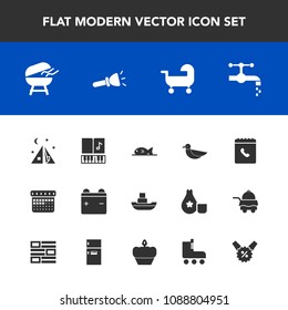 Modern, simple vector icon set with meat, animal, music, sea, camp, fish, phone, faucet, timetable, ship, schedule, sky, nature, day, tent, calendar, bathroom, barbecue, water, sink, sound, bbq icons