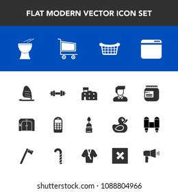 Modern, simple vector icon set with basket, jam, boy, city, house, wind, browser, architecture, website, ocean, cake, sea, sign, equipment, jar, sport, surf, gym, communication, telephone, store icons