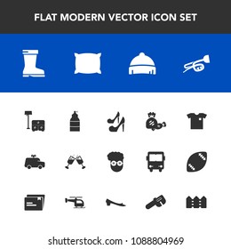 Modern, simple vector icon set with clothing, trumpet, headwear, fashion, fence, leather, sweet, soft, candy, drink, spray, child, new, home, graphic, play, girl, car, female, white, bed, style icons