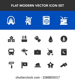 Modern, simple vector icon set with water, abc, drink, technology, passport, tourism, luggage, wind, microphone, mill, electricity, voice, service, power, sound, emergency, bus, human, transport icons