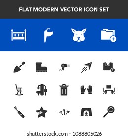 Modern, simple vector icon set with furniture, box, child, bed, t-shirt, sport, hairdryer, trash, footwear, rabbit, data, paper, waste, construction, dryer, home, plane, shirt, folder, fashion icons