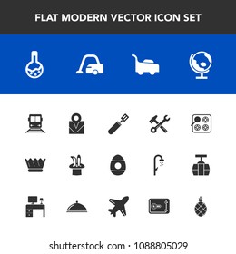 Modern, simple vector icon set with queen, pan, medicine, cooking, cleaner, global, world, garden, spanner, stove, mower, transportation, equipment, wrench, vacuum, tool, cook, holiday, globe icons