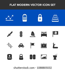 Modern, simple vector icon set with food, graph, japan, chart, security, dessert, car, asia, sweet, light, surf, wind, ocean, lock, lamp, old, cutlery, nation, america, cake, vehicle, dna, flag icons