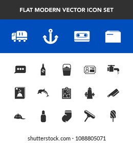 Modern, simple vector icon set with speech, handle, transport, image, tap, document, animal, ocean, retro, sink, object, cargo, music, liquid, bathroom, chat, sign, business, wildlife, id, white icons
