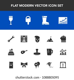 Modern, simple vector icon set with graph, fashion, dessert, cake, curtain, graphic, music, business, spanner, leather, white, guitar, equipment, glass, wrench, concept, musical, window, scarf icons