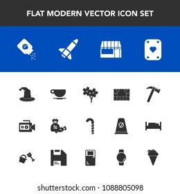 Modern, simple vector icon set with bottle, lollipop, camera, candy, watch, equipment, white, sweet, spring, cream, hat, theater, wrench, sakura, launch, food, tool, film, circus, hammer, smart icons