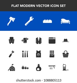 Modern, simple vector icon set with interior, chair, olive, box, stationary, chat, oil, couch, business, tool, sofa, team, pendulum, web, phone, basketball, mobile, suit, spanner, kitchen, spoon icons