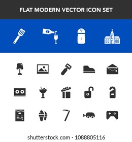 Modern, simple vector icon set with vegetable, message, white, art, table, picture, home, holiday, celebration, interior, old, box, bar, footwear, communication, salt, gift, fashion, glass, tool icons