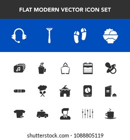 Modern, simple vector icon set with music, infant, bag, sound, medicine, tower, slipper, restaurant, food, building, file, baby, castle, drink, speaker, footwear, grain, agriculture, equality,  icons